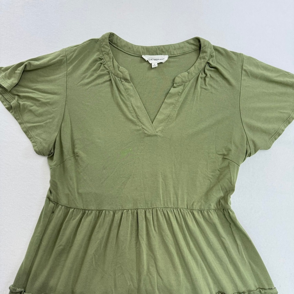 Lucky Brand Womens Tiered Mini Dress Olive Green V-Neck Flutter Sleeve Large - Picture 3 of 10